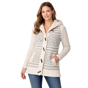 LL Bean Hooded Cardigan Sweater M Ivory Gray Fair Isle Sherpa Lined Cozy